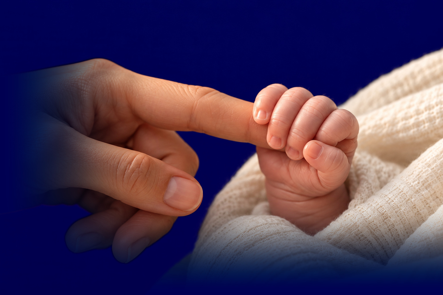 A newborn holding a parent's finger