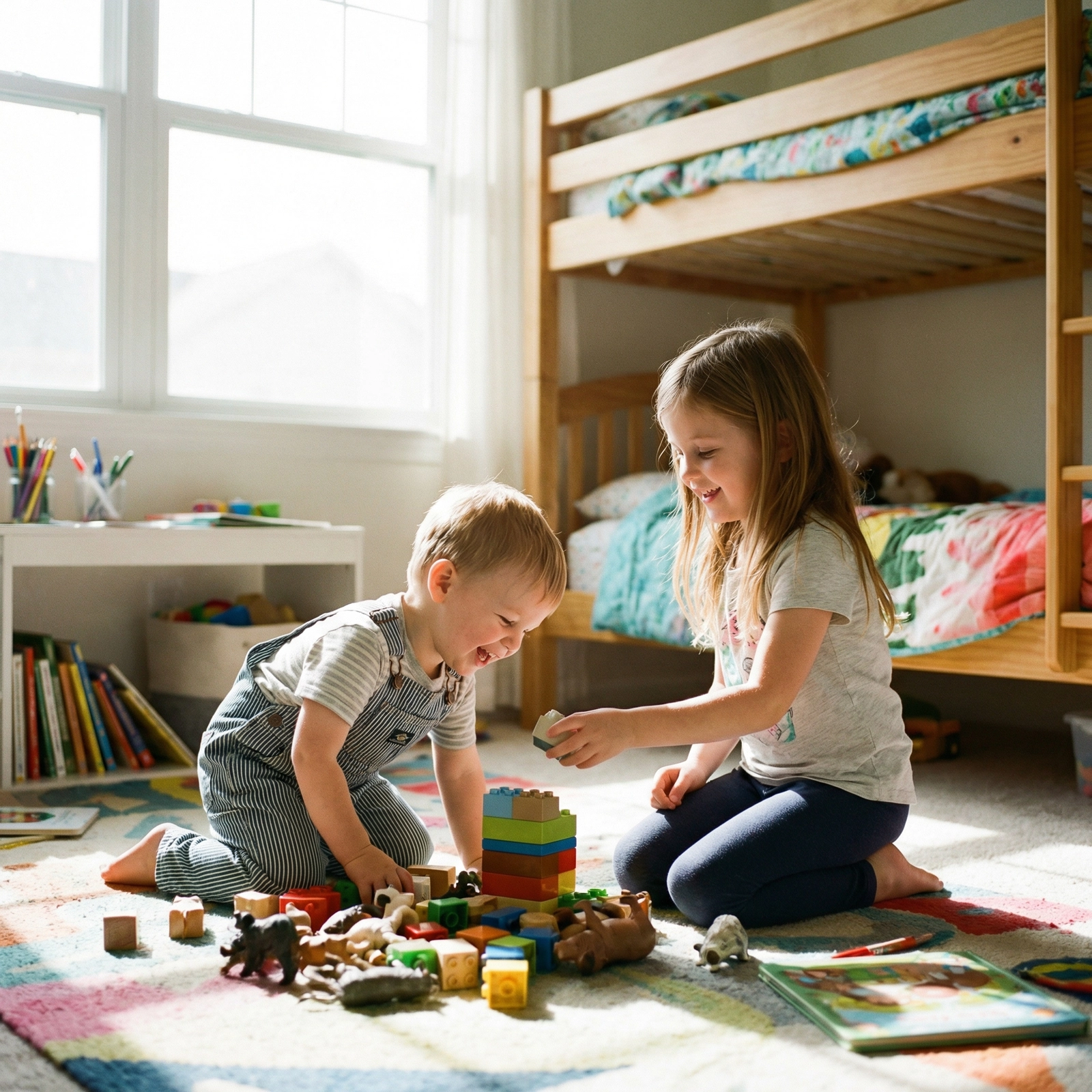 Two young siblings playing together on a bedroom floor.